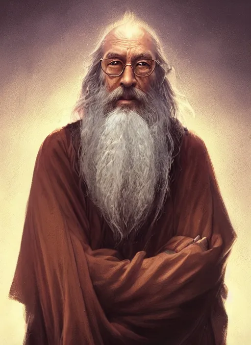 Prompt: portrait of a elderly wizard with a long beard wearing robes and a hawaiian shirt, detailed face, fantasy, highly detailed, cinematic lighting, digital art painting by greg rutkowski