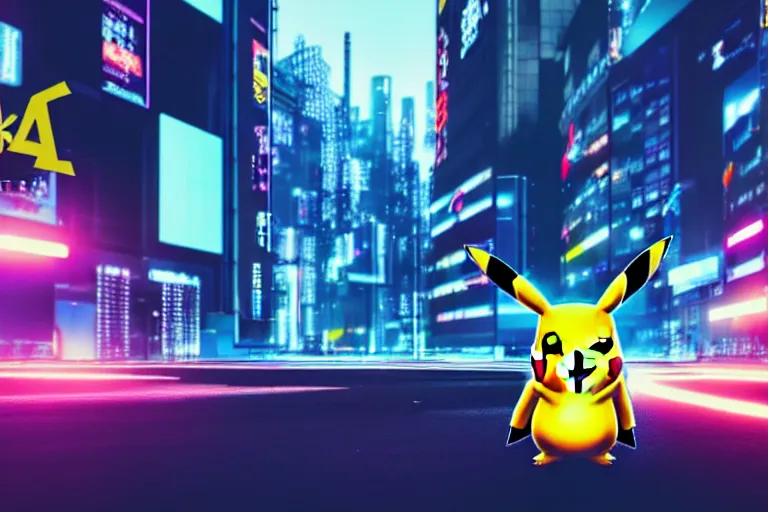 Image similar to a pikachu in a cyberpunk city. super realistic 8 k render of a elegant, cinematic composition