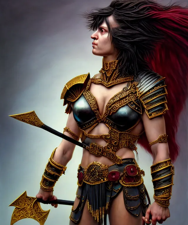 Image similar to hyperrealistic mixed media painting of a beautiful young female barbarian, stunning 3d render inspired art by P. Craig Russell and Barry Windsor-Smith + perfect facial symmetry + dim volumetric lighting, dark black hair, pale skin, ornate crimson armor with gold trim, dizzy, full body, confident heroic pose, arms crossed, d&d, 8k octane beautifully detailed render, post-processing, extremely hyperdetailed, intricate, epic composition, grim yet sparkling atmosphere, cinematic lighting + masterpiece, trending on artstation, very very detailed, masterpiece, stunning