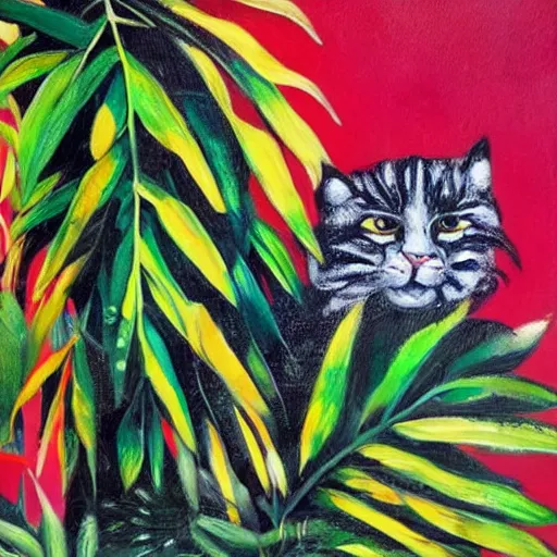 Prompt: jungle rumble. douanier rousseau style. douanier rousseau style. vibrant. amazing painting. beautiful. high resolution. highly realistic. cool tones. close - up.