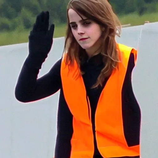 Image similar to emma watson in a hi vis vest picking up trash on the side of the interstate. paparazzi photo,