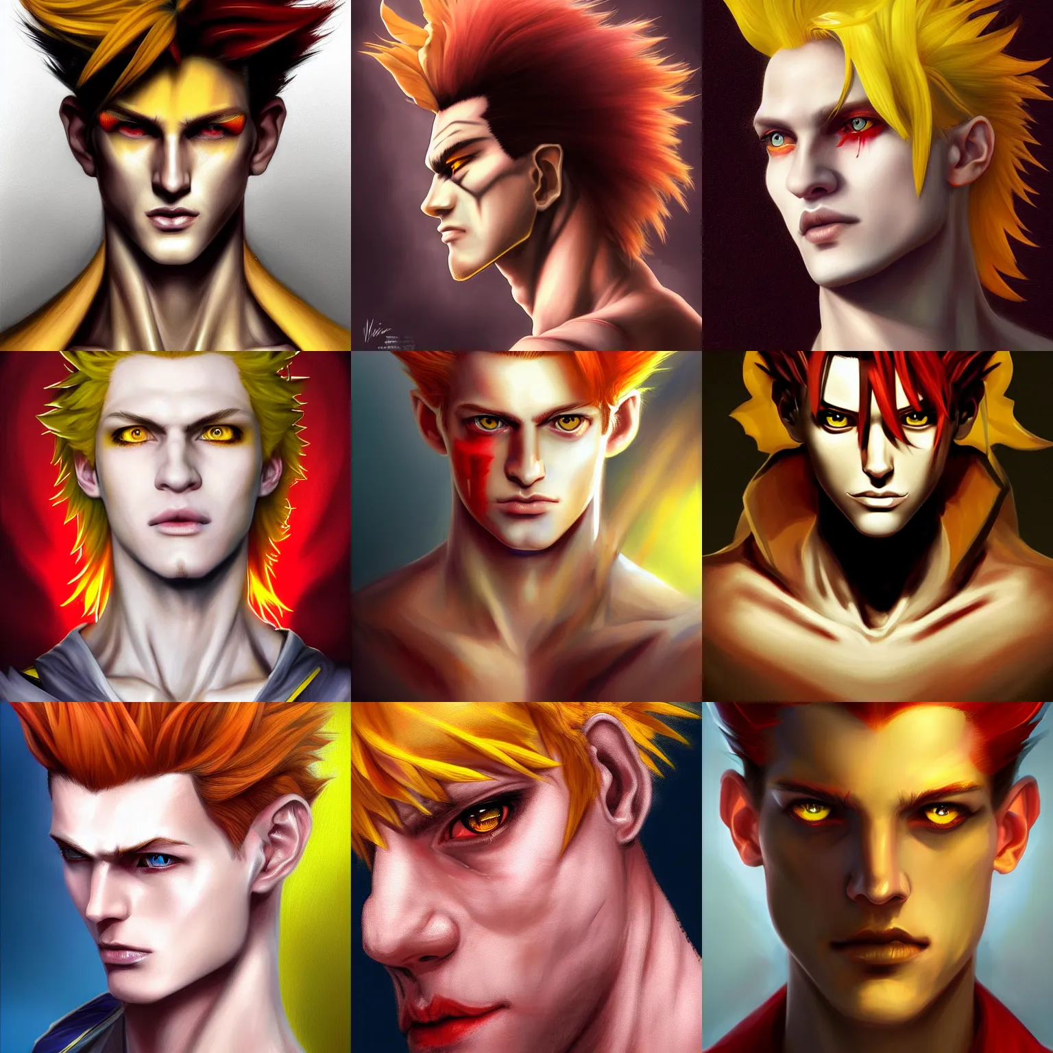 Prompt: portrait of hisoka morow hunter hunter madonna inspired, 2 0 years old, male, very very sharp jaw yellow eyes very very narrow yellow iris red red red hair soft hair slicked back crimson medium length hair, anime highly detailed, digital painting, artstation sharp focus, illustration, art by artgerm and greg rutkowski