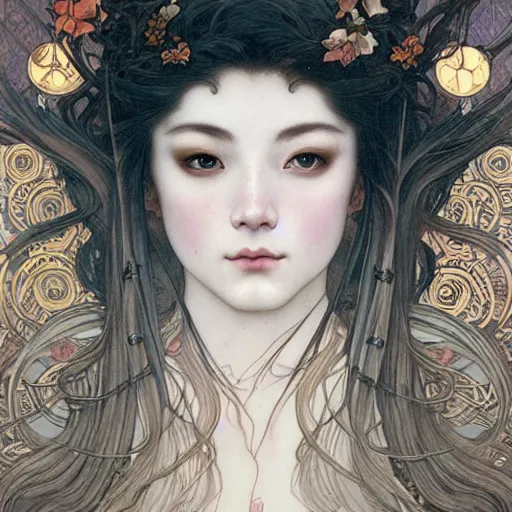 Prompt: realistic detailed face portrait of a beautiful Ghostly Ethereal Haunting Geisha with bare winter branches rising out of her hair by Alphonse Mucha, Ayami Kojima, Amano, Charlie Bowater, Karol Bak, Greg Hildebrandt, Jean Delville, and Mark Brooks, Art Nouveau, Neo-Gothic, gothic, rich deep moody colors