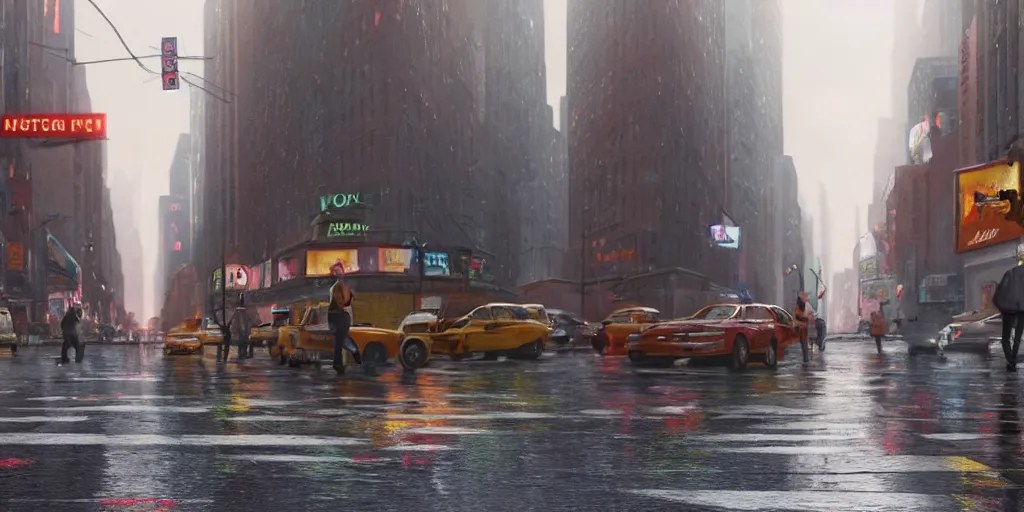 Prompt: a film still of a street scene on a rainy but colourful day in new york. wide shot, wes anderson, studio ghibli, pixar and disney animation, sharp, rendered in unreal engine 5, anime key art by greg rutkowski, bloom, dramatic lighting