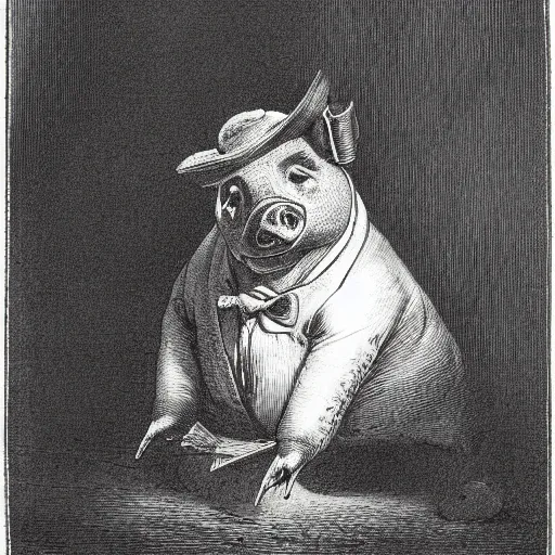 Image similar to detailed portrait of a pig in a tuxedo, dramatic light, Chiaroscuro, illustration by Paul Gustave Doré