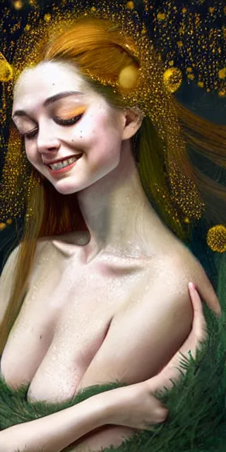 Image similar to a totally enraptured smiling young woman surrounded by golden firefly lights in a mesmerizing scene, sitting amidst nature fully covered, intricate detailed dress, long loose red hair, precise linework, accurate green eyes, small nose with freckles, smooth oval head, expressive emotions, hyper realistic ultrafine portrait by artemisia gentileschi, jessica rossier, artgerm