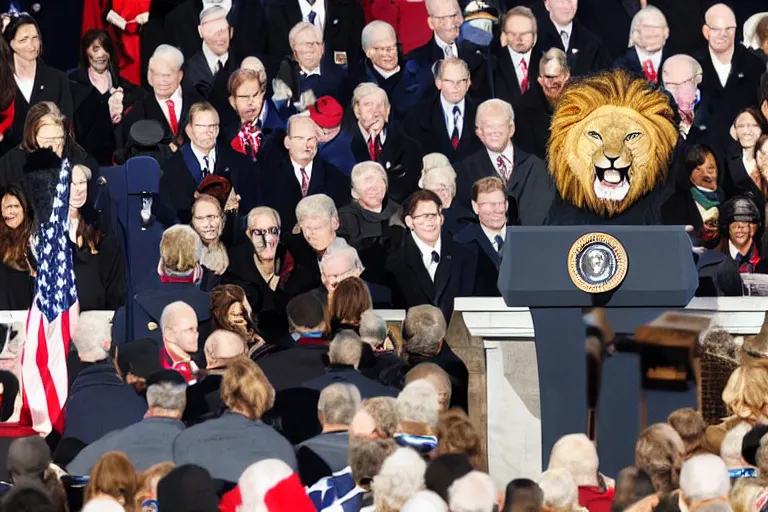 Image similar to photo of the usa presidential inauguration, a lion fursuiter being inaugurated as president