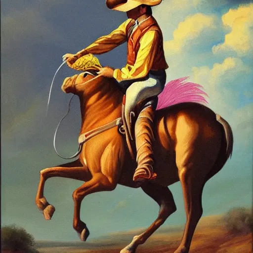 Prompt: a painting of a cowboy riding a unicorn.