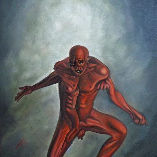 Image similar to Man arising from hell. Oil painting.