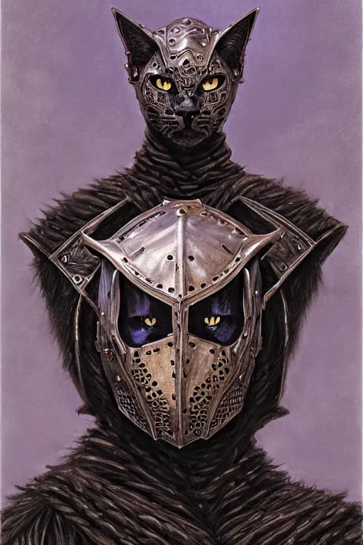 Prompt: head and shoulders portrait of an eldritch knight, tabaxi, black cat, anthropomorphic, male, breastplate, magical, high fantasy, d & d, by donato giancola, face details, extremely detailed, vogue fashion photo