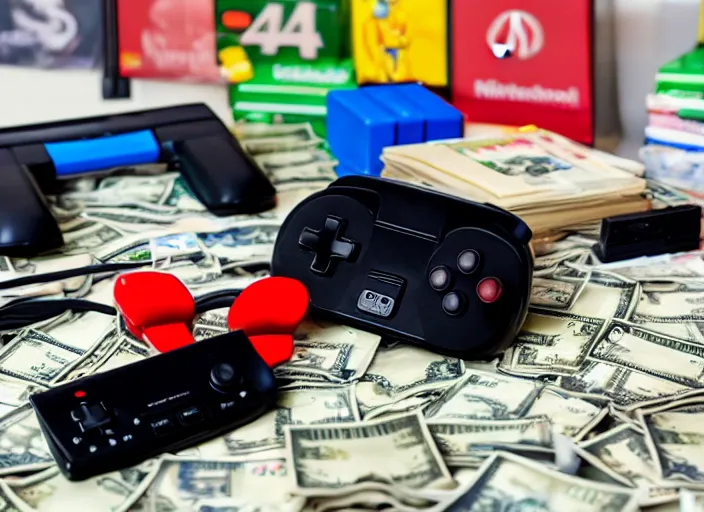 Image similar to realistic photo of nintendo 6 4 video game console in front of stacks of money