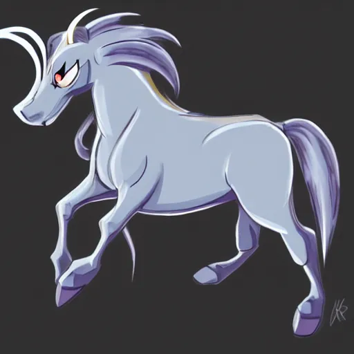 Image similar to Dark grey ghost horse with goat horns, tail made of fire in an empty field at night in the art style of Ken Sugimori