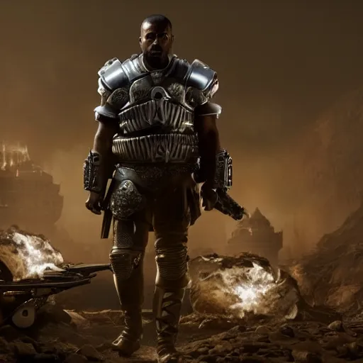 Prompt: Still of Kanye West as Emperor Napoleon in Gears of War, splash art, movie still, cinematic lighting, dramatic, octane render, long lens, shallow depth of field, bokeh, anamorphic lens flare, 8k, hyper detailed, 35mm film grain