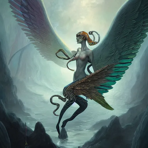 Prompt: illustration, quetzalcoatl, inhumanly long and thin limbs, fallen angel, Barthin, by Peter Mohrbacher, hyper detailed, otherworldly, octane rendered, fantasy, heavenly