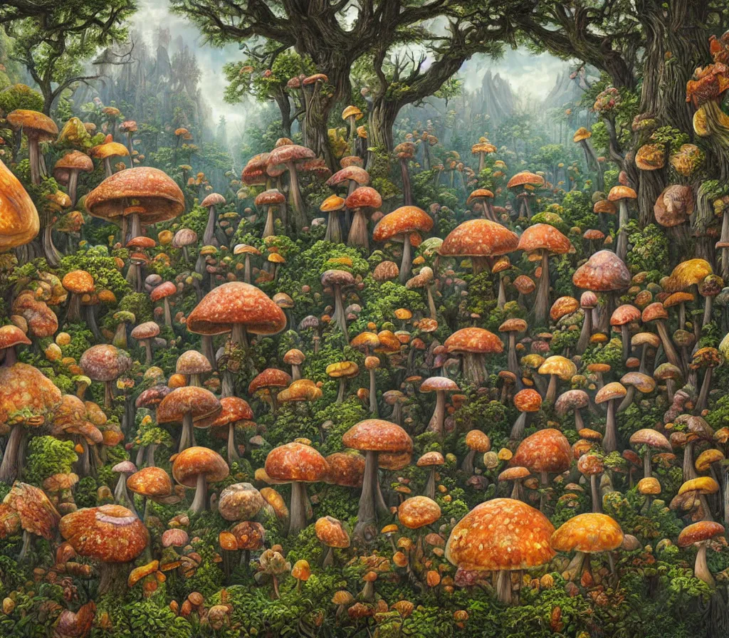 Image similar to A hyperrealistic detailed fantasy mixed media matte painting of a cottagecore lush grove with various giant mushrooms by Jacek Yerka and Karol Bak, colorful, surreal, whimsical, trending on artstation, morels, chanterelles, boletes.