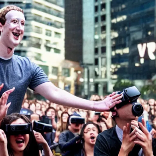 Prompt: cyborg mark zuckerberg controlling a crowd of people with vr headsets