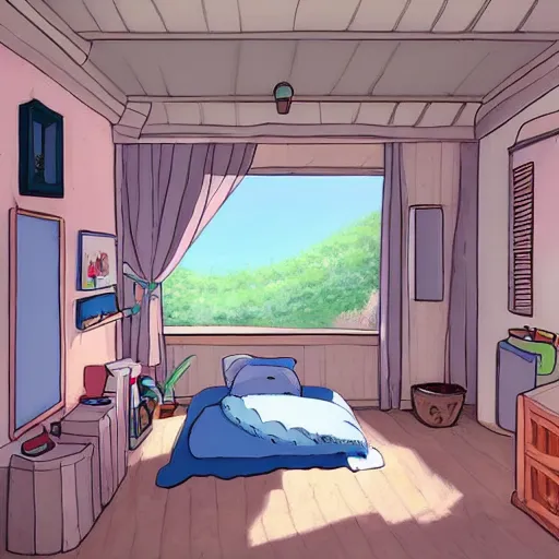 Image similar to a bedroom in the style of studio ghibli