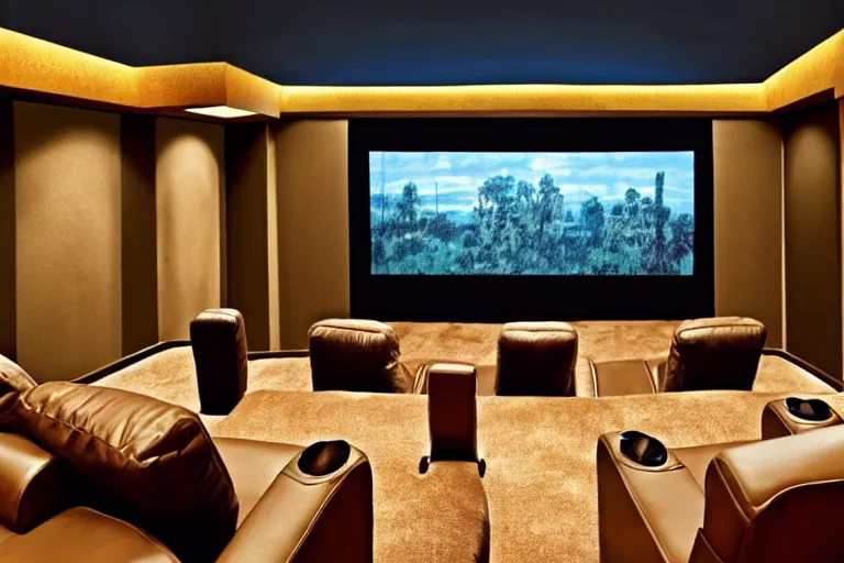 Prompt: very wide view, a modern home movie theater with big screen, stylish sconces, old popcorn machine!, movie posters!, very happy, interior designed by kelly wearstler, rough color pencil illustration