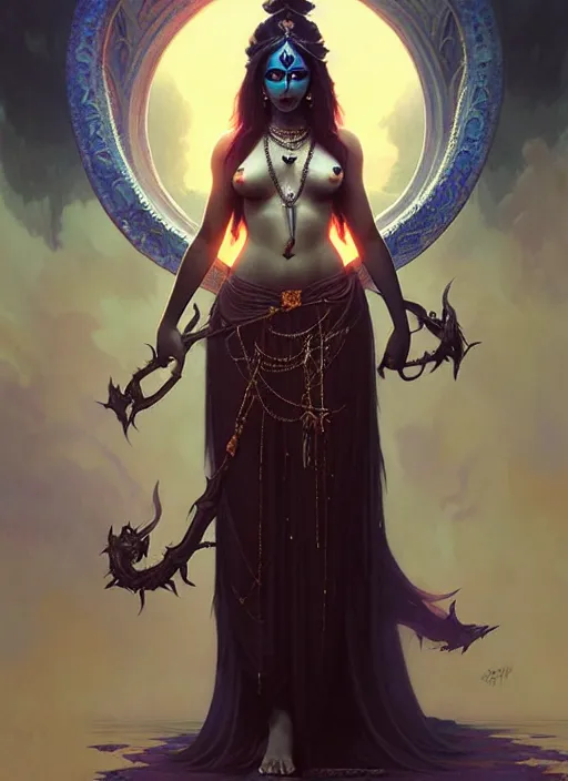 Image similar to a beautiful cinematic female kali goddess of death, fantasy landscape, fantasy magic,, dark light night, intricate, elegant, sharp focus, illustration, highly detailed, digital painting, concept art, matte, art by WLOP and Artgerm and Greg Rutkowski and Alphonse Mucha, masterpiece