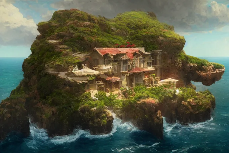 Image similar to lovely villa sits atop a broad cliff, overlooking the entirety of the blue sky, digital painting by greg rutkowski and gaston bussiere, zbrush, cgsociety contest winner, comprehensive art, intricate, landscape photography, brightly radiant atmosphere, overcast sky, homogeneous to hawaii, 4 k, 8 k