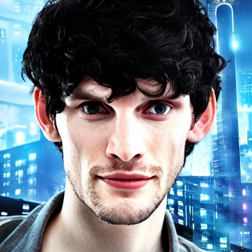 Image similar to Colin Morgan as Cyberpunk Merlin