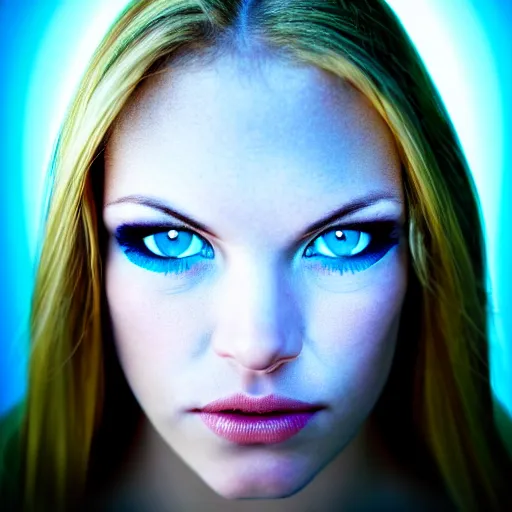 Image similar to photo portrait of very very very beautiful woman face staring into camera, realism, blue eyes, extreme detail, key art, ring light, flash, photo by greg rutkoski, photoshoot