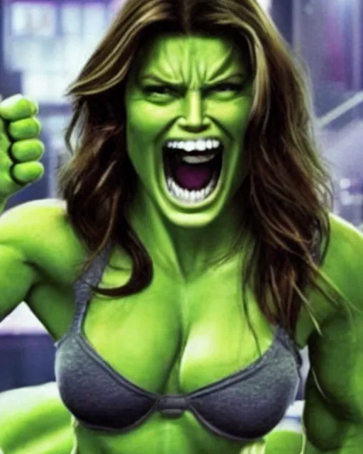 Image similar to jessica biel as she - hulk. green skinned, muscular, wheyfu. movie still