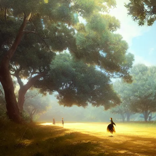 Prompt: spanish golden oriole flying in avila path between oak trees, summer mid day, 4 k, concept art, by wlop, ilya kuvshinov, artgerm, krenz cushart, greg rutkowski, pixiv. cinematic dramatic atmosphere, sharp focus, volumetric lighting, cinematic lighting, studio quality