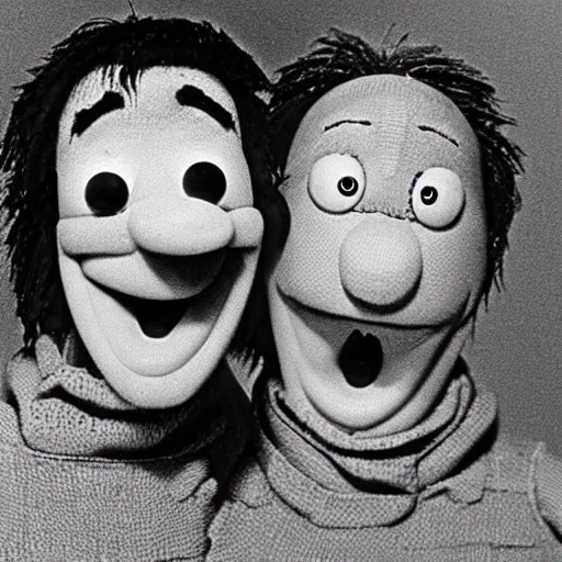 Image similar to 90's horror film about Bert and Ernie from sesame street, photorealistic, highly detailed