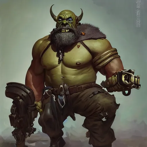 Prompt: greg manchess digital painting of a ruggedly handsome old dieselpunk orc an overwatch character with olive green skin sitting at a desk, organic painting, matte painting, bold shapes, hard edges, street art, trending on artstation, by huang guangjian and gil elvgren and sachin teng