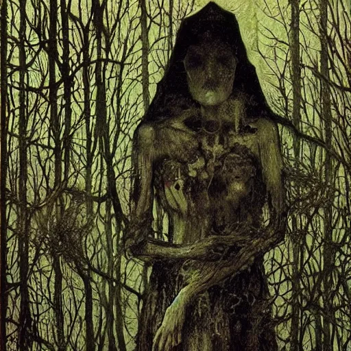 Prompt: ! dream creepy old witch house, ghosts in a dark forest, high detailed beksinski painting, by adrian ghenie and gerhard richter. art by takato yamamoto. masterpiece, deep colours.