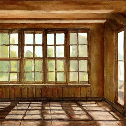 Image similar to oil painting of mostly empty cottage interior, one small window with sunlight shining onto the floor. artistic. cozy. wooden floor. rustic. solace.
