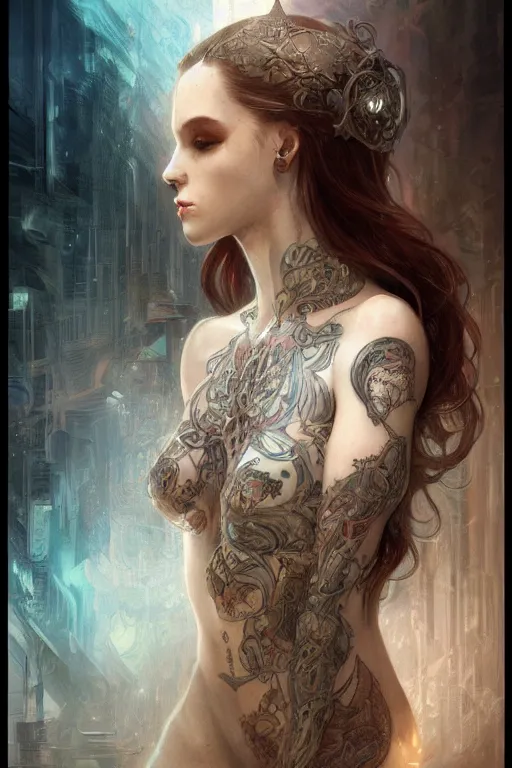 Prompt: woman with pale skin and intricate tattoos, fog, volumetric lighting, intricate, elegant, highly detailed, digital painting, artstation, concept art, smooth, sharp focus, art nouveau, cyberpunk, art by raymond swanland and alphonse mucha