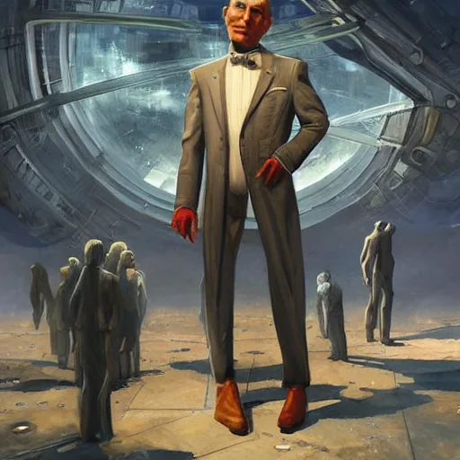 Prompt: A humanoid Man in work clothes with oil on it because he works at a spaceship repair place , Graceful body structure,cute,Symmetrical face,highly detailed,elegant,Marc Simonetti and Caspar David Friedrich, Trending on artstation,depicted as a scifi scene