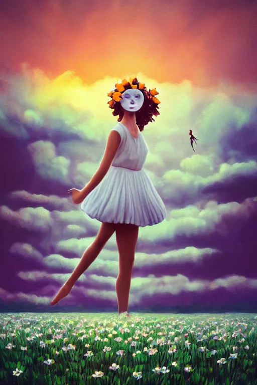 Image similar to giant white daisy flower as head, body girl dancing in a flower field, surreal photography, sunrise, dramatic light, impressionist painting, colorful clouds, digital painting, artstation, simon stalenhag