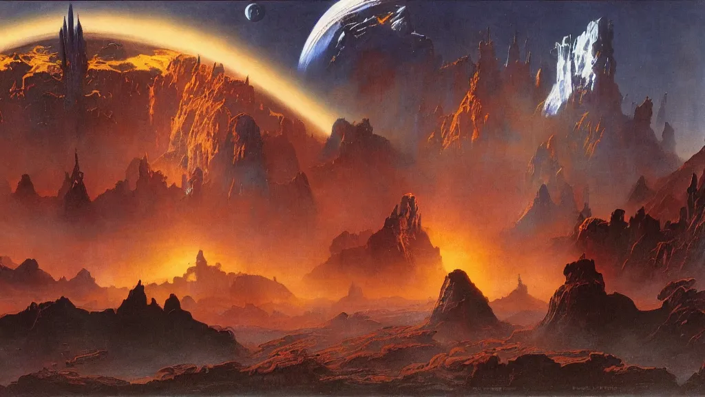 Image similar to journey to the center of the universe by frank frazetta and bruce pennington, cinematic matte painting