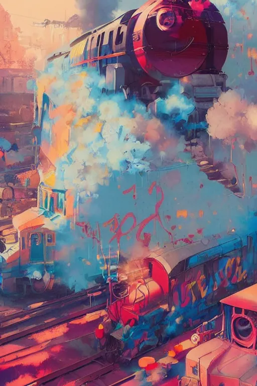 Image similar to trains covered colorful graffiti with paint drip, greg rutkowski, and moebius and loish and artgerm, painterly, illustration, backlit, beautiful artist rendering, gorgeous, masterpiece
