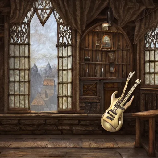 Image similar to A realistic bear playing guitar in a medieval shop viewed from the inside, texture, intricate, details, highly detailed, masterpiece, architecture, building, trending on artstation, focus, sharp focus, concept art, digital painting, fantasy, sunny, day, midday, in the style of skyrim