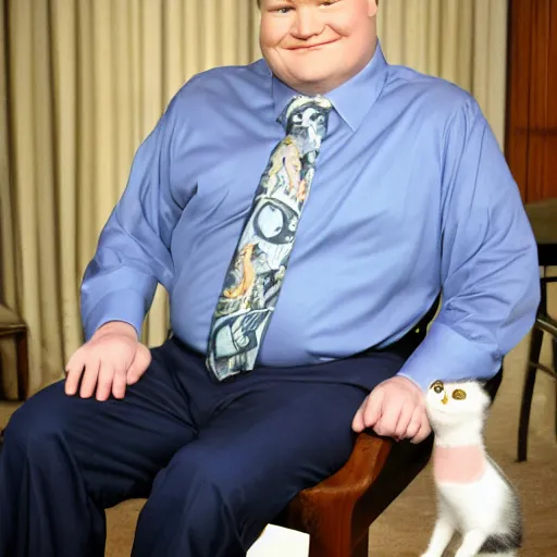 Prompt: Andy Richter wearing a blue dress shirt necktie navy dress pants sitting in a chair petting a calico cat