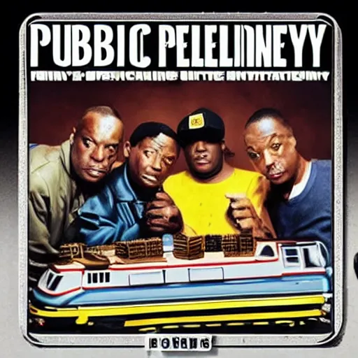 Image similar to album cover for public enemy playing with a toy train set eating hamburgers