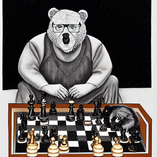 Image similar to jerry garcia and a bear playing chess, drawing by mc escher, hyper realistic, volumetric lighting