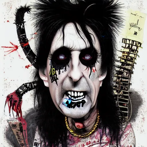 Prompt: graphic illustration, creative design, alice cooper as a punk, biopunk, francis bacon, highly detailed, hunter s thompson, concept art