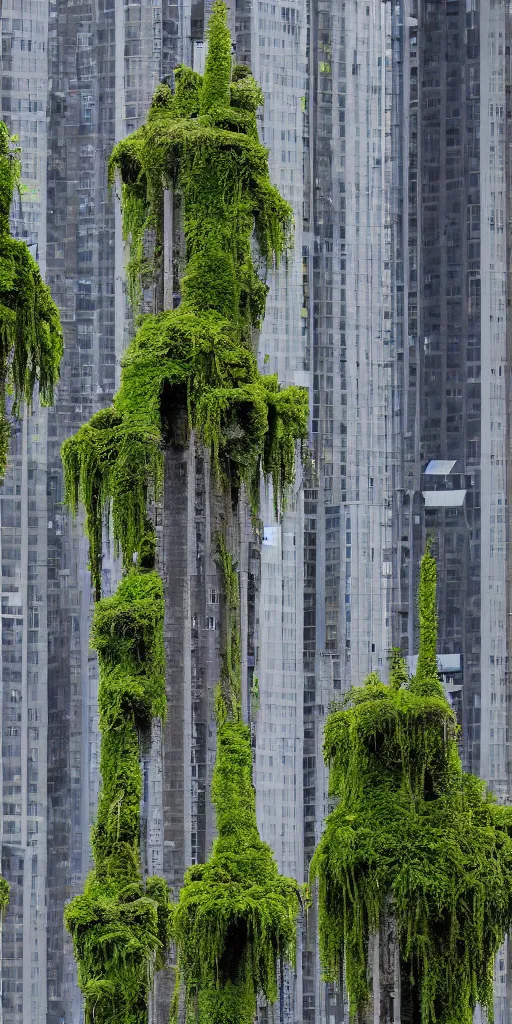 Prompt: elevational photo of tall and slender concrete towers emerging out of the ground. The towers are covered with Moss and ferns growing horizontally from floors and balconies. The towers are clustered very close together and stand straight and tall. The office towers have 50 floors with deep balconies and hanging plants.