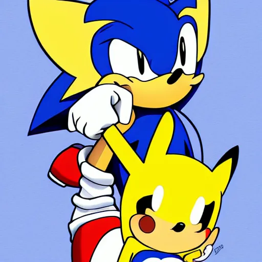 Image similar to sonic the hedgehog and pikachu on a date, digital art