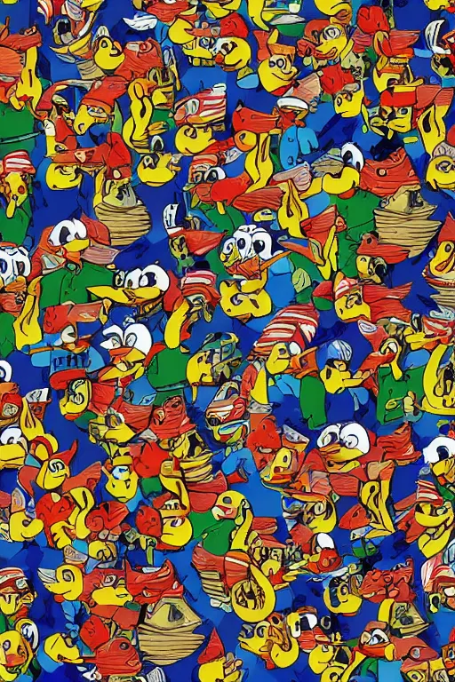 Image similar to full frontal page, finding waldo but he is a duck, highly detailed, 8k