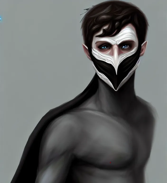 Prompt: white man with black fabric mask, short dark hair, true anatomy!, digital painting, style of lord of the ring!!!