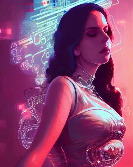 Image similar to portrait of lana del rey as a cyberpunk cyborg. roses, sci - fi, missing panels, intricate abstract, upper body, intricate artwork, by tooth wu, wlop, beeple, dan mumford. concept art, 8 k octane render, deviantart, greg rutkowski, cinematic, key art, hyperrealism, iridescent accents