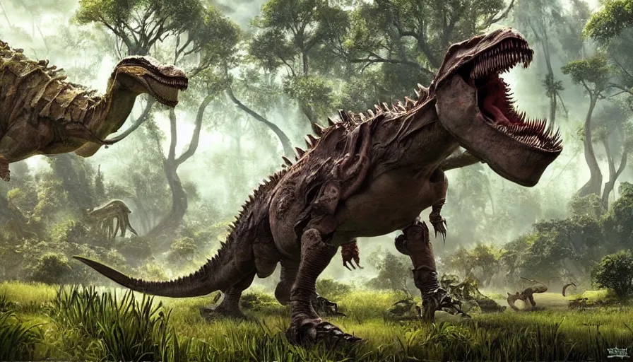 Image similar to A machinated dinosaur hybrid of a BEHEMOTH strolling along a lush green forest from the playstation 5 game Horizon Zero Dawn world, sci-fi concept art, highly detailed, oil on canvas by James Gurney