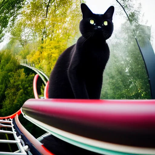 Prompt: happy black cat on a rollercoaster looping. focus on the cat. sunny and foggy. fish eye lens. canon eos r 3, f / 1. 4, iso 2 0 0, 1 / 2 0 s, 8 k, raw.