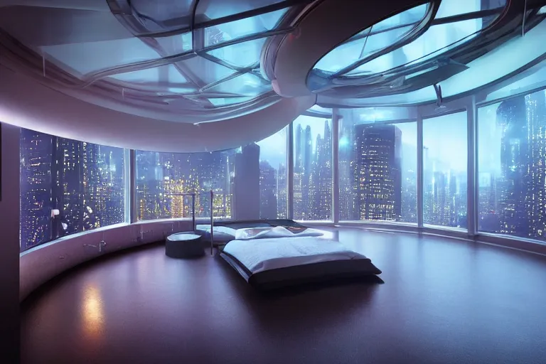 Image similar to a futuristic bedroom with large curved ceiling high windows looking out to a far future cyberpunk cityscape, cyberpunk neon lights, raining, scifi